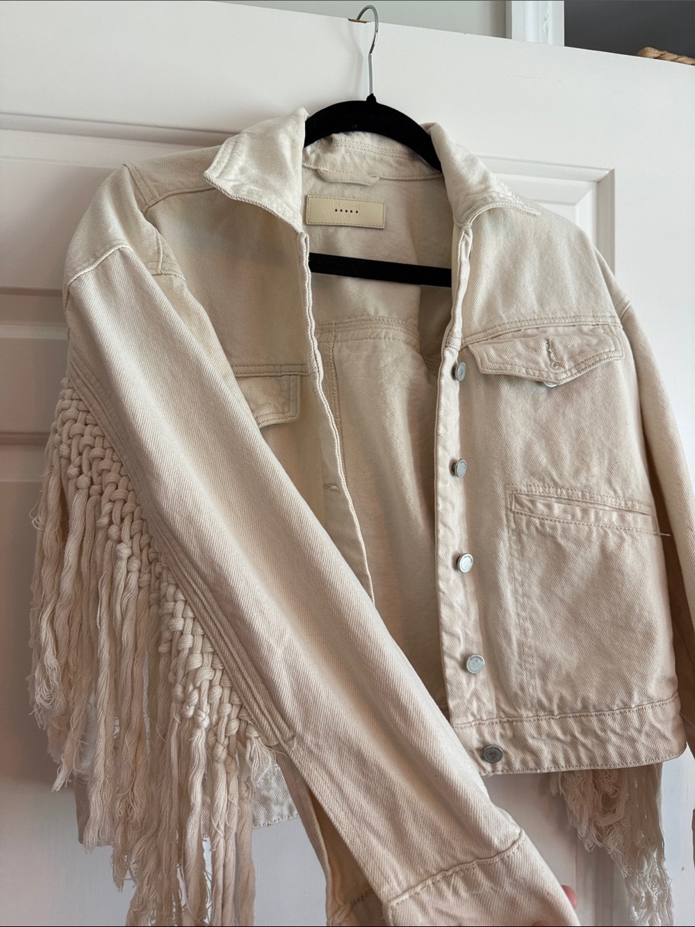 Fringe-Trim Cream Denim Jacket